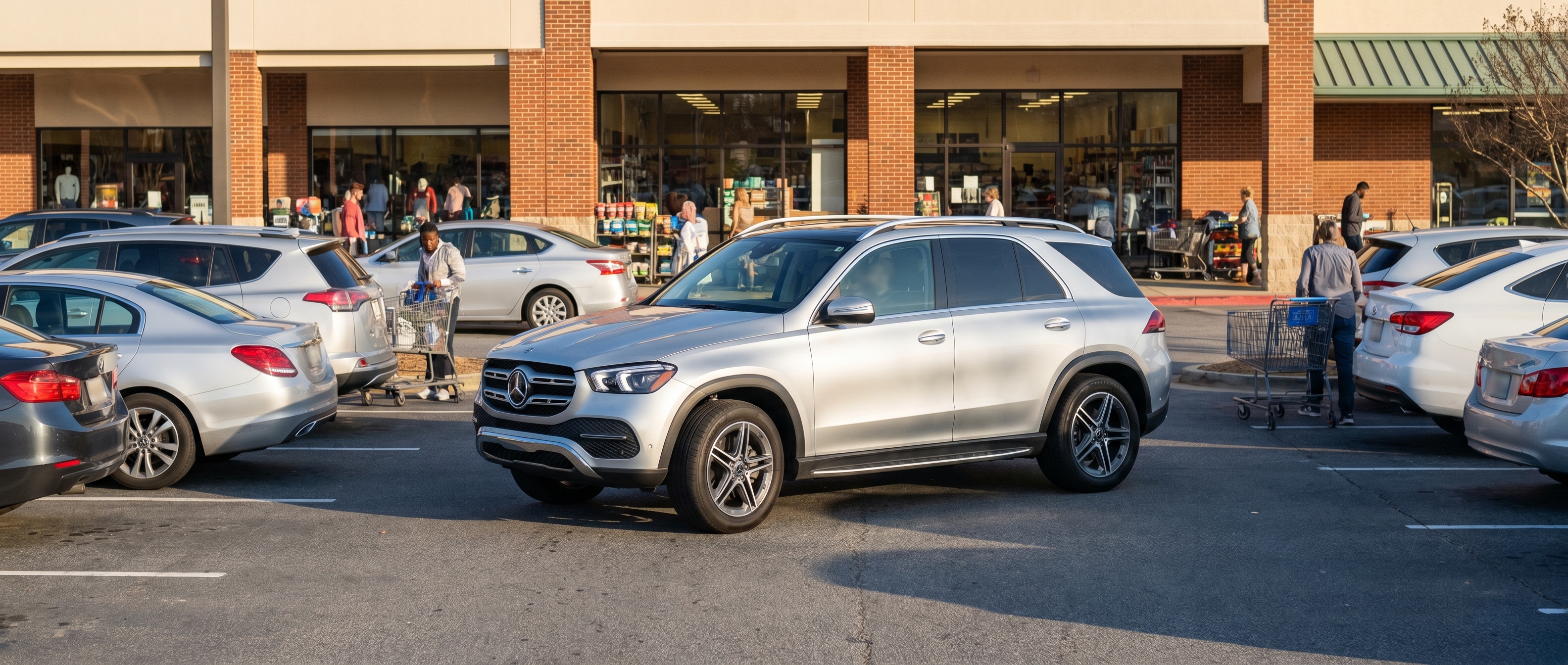 Mercedes-Benz GLE using Park Assist to park in a busy Duluth GA shopping center lot